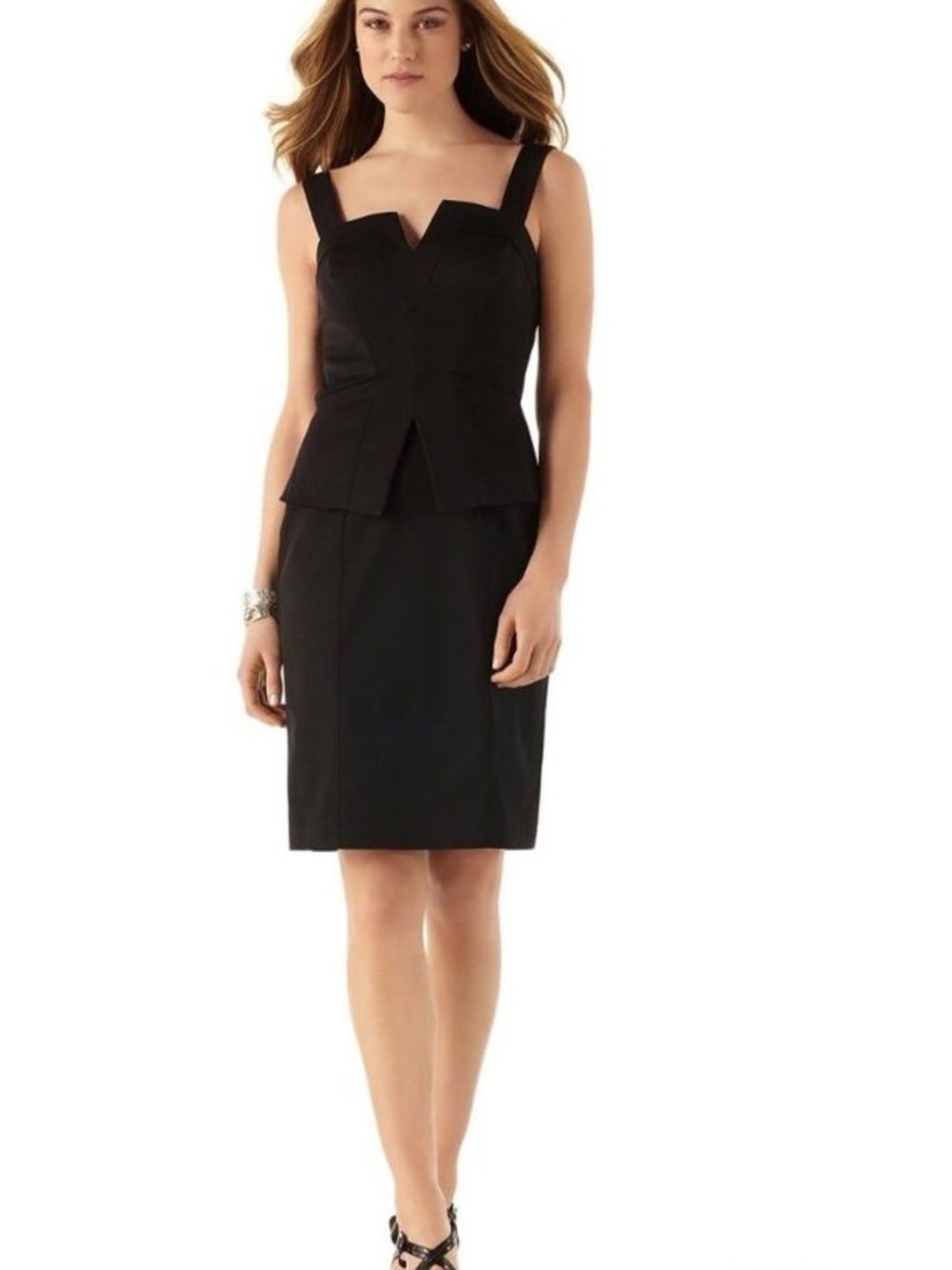 Black Sleeveless Sheath Dress with Peplum Waist White House Black Market
